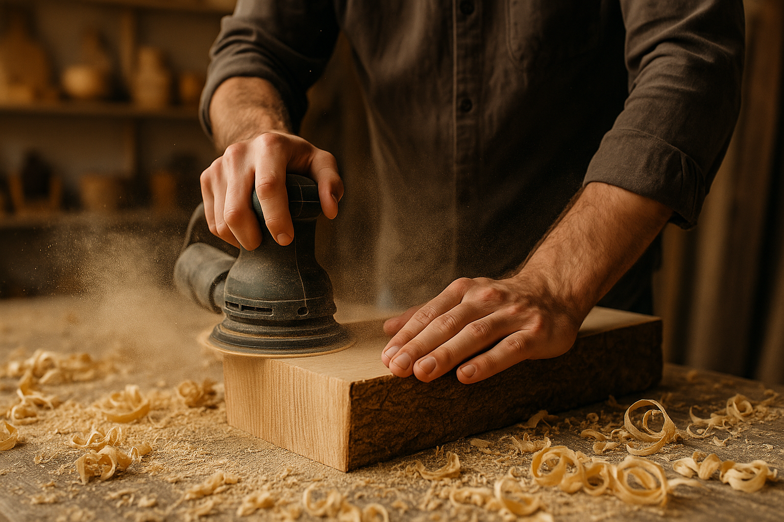Schweizer Schreiner beim Schleifen von Eichenholz – regionale Fertigung von HolzPart Wohnaccessoires im Kanton Solothurn.