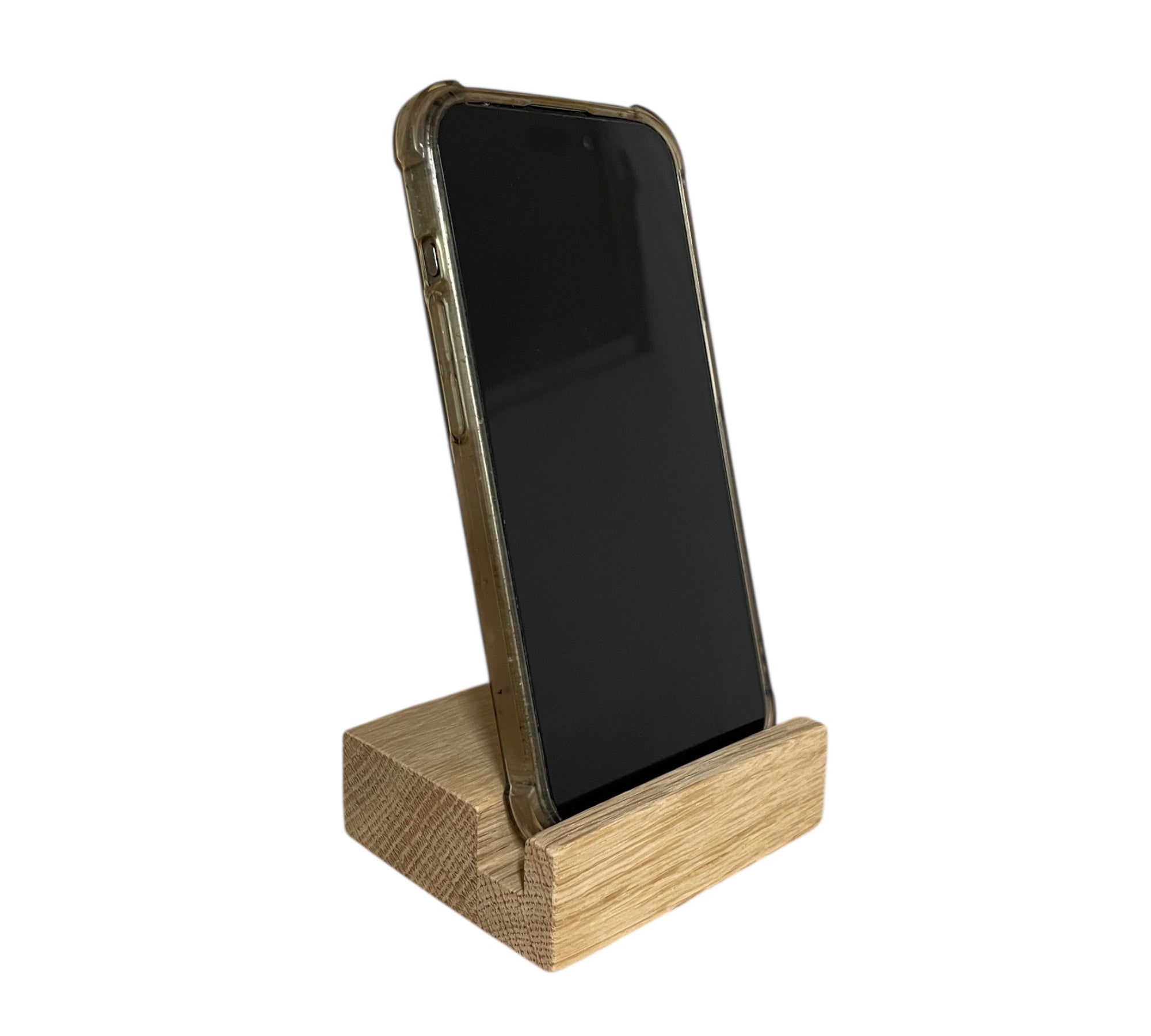 Seitliche Ansicht von Handyhalter aus roh geölter Eiche für Smartphones mit Hülle – regional gefertigt von HolzPart