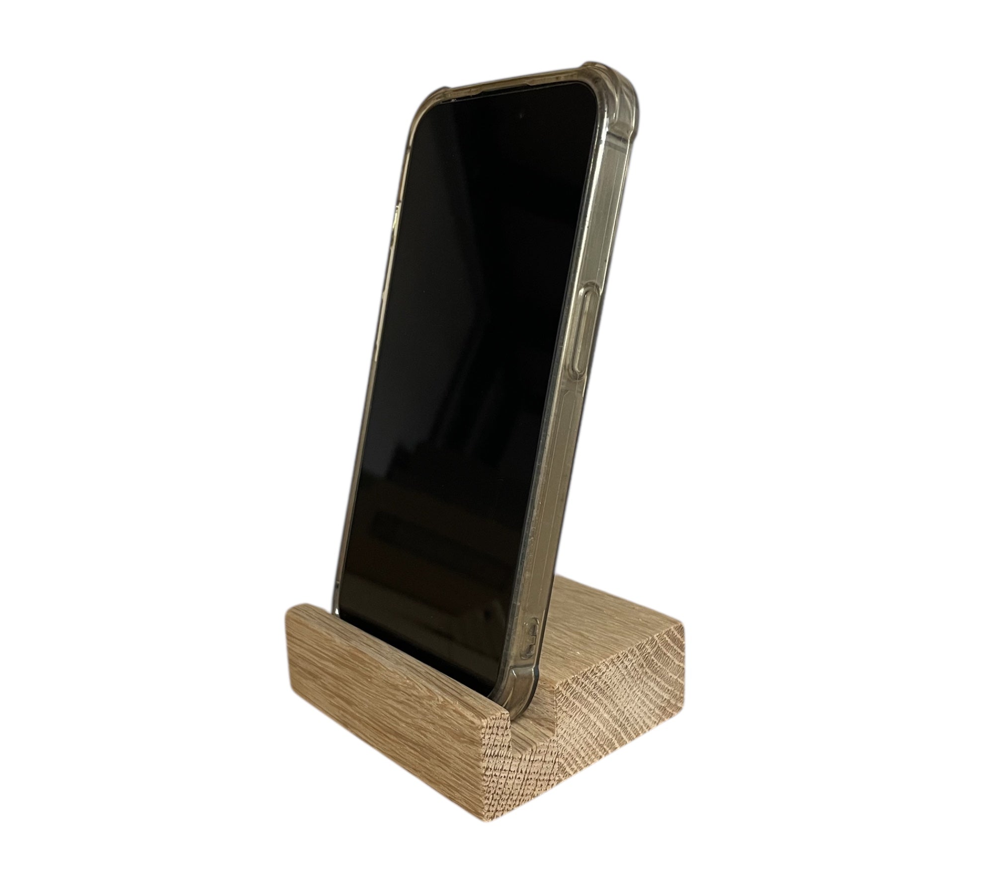 Seitenansicht von Handyhalter aus roh geölter Eiche für Smartphones mit Hülle – regional gefertigt von HolzPart.