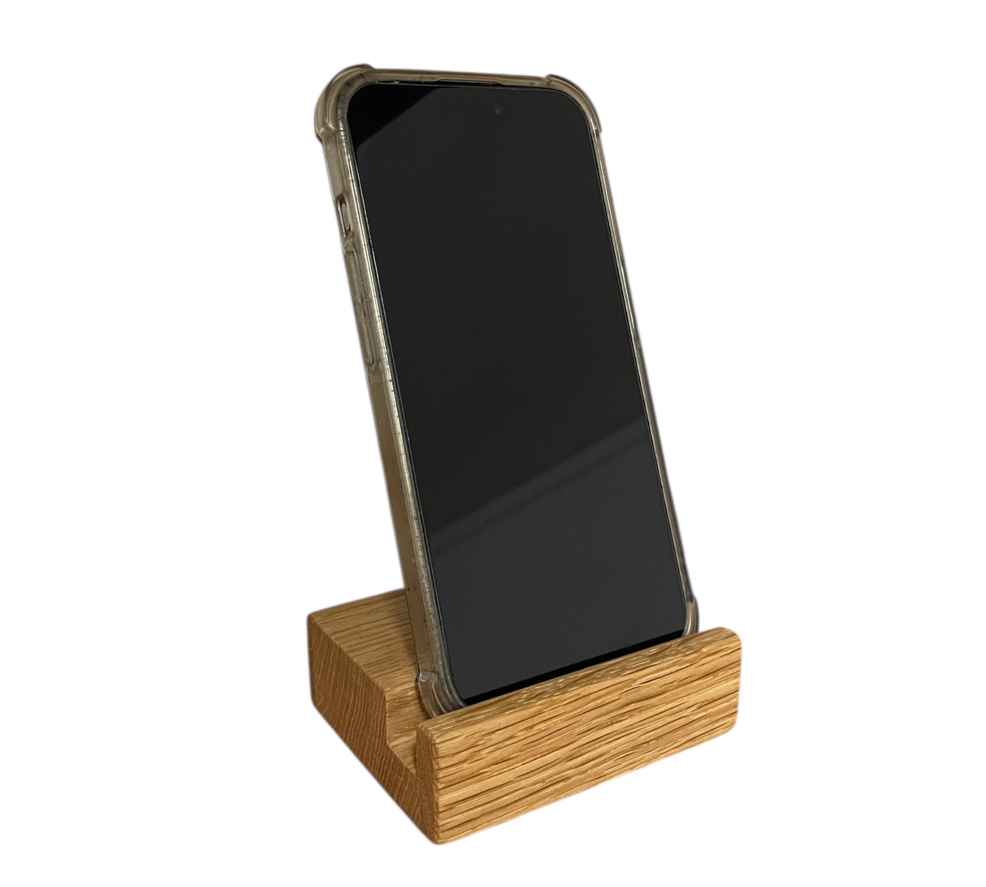Seitliche Ansicht von Handyhalter aus klassisch geölter Eiche für Smartphones mit Hülle – regional gefertigt von HolzPart