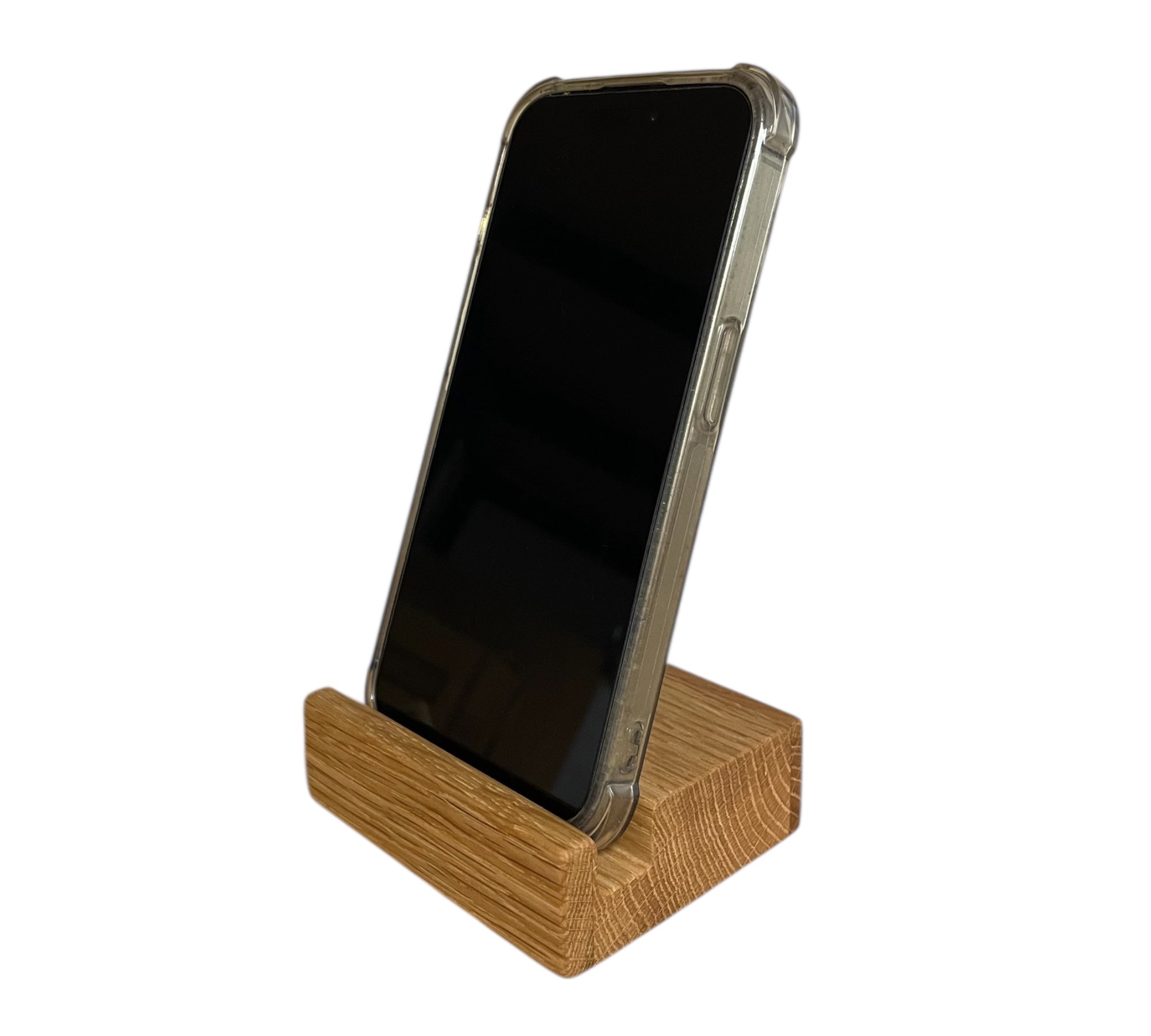 Seitenansicht von Handyhalter aus klassisch geölter Eiche für Smartphones mit Hülle – regional gefertigt von HolzPart