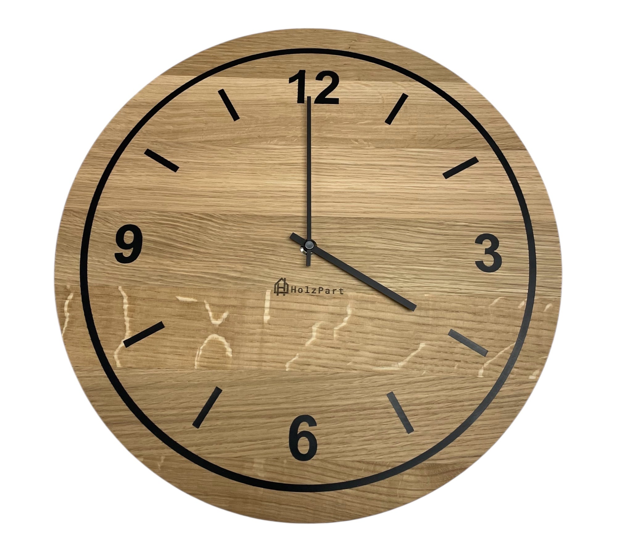 Runde Wanduhr aus Eiche mit Rohholzeffekt, eingerahmtem Ziffernkreis und Epoxy-Füllung – gefertigt von HolzPart im Kanton Solothurn.