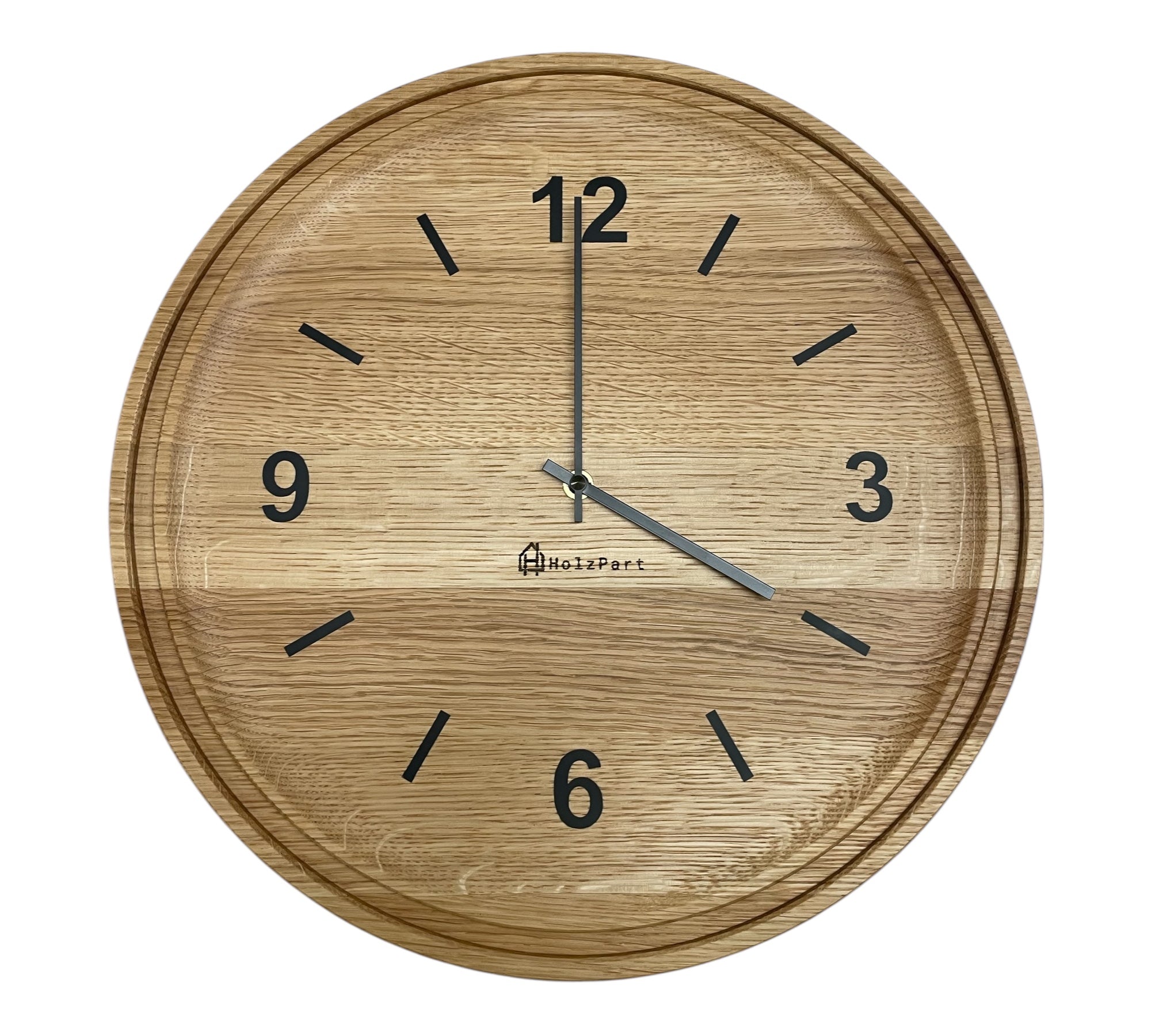 Runde Wanduhr aus klassisch geölter Eiche mit doppeltem Rand und Epoxy-Ziffern – handgefertigt von HolzPart in der Schweiz